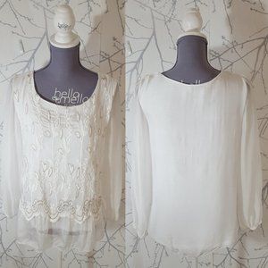 Elena Baldi White Floral Embroidered Silk Overlay Blouse